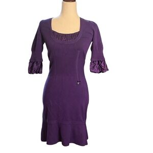 Karen Millen England Purple Knit Dress Silk Trim Ruched Sleeve Detail